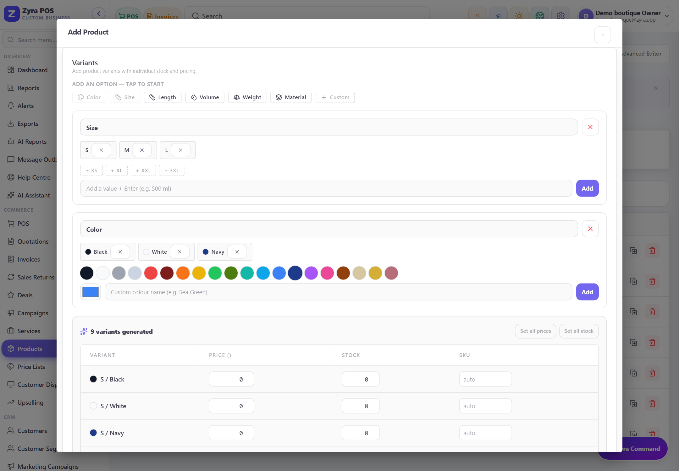 Zyra variant builder — colour × size matrix